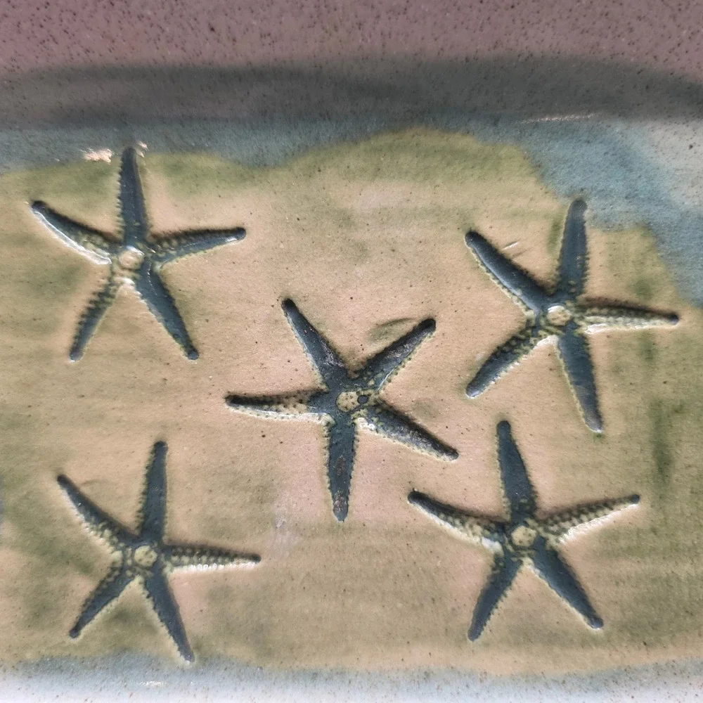 Hugh Wayne Studio Pottery Starfish Trinket Dish Coastal Sage Green Pink Tray